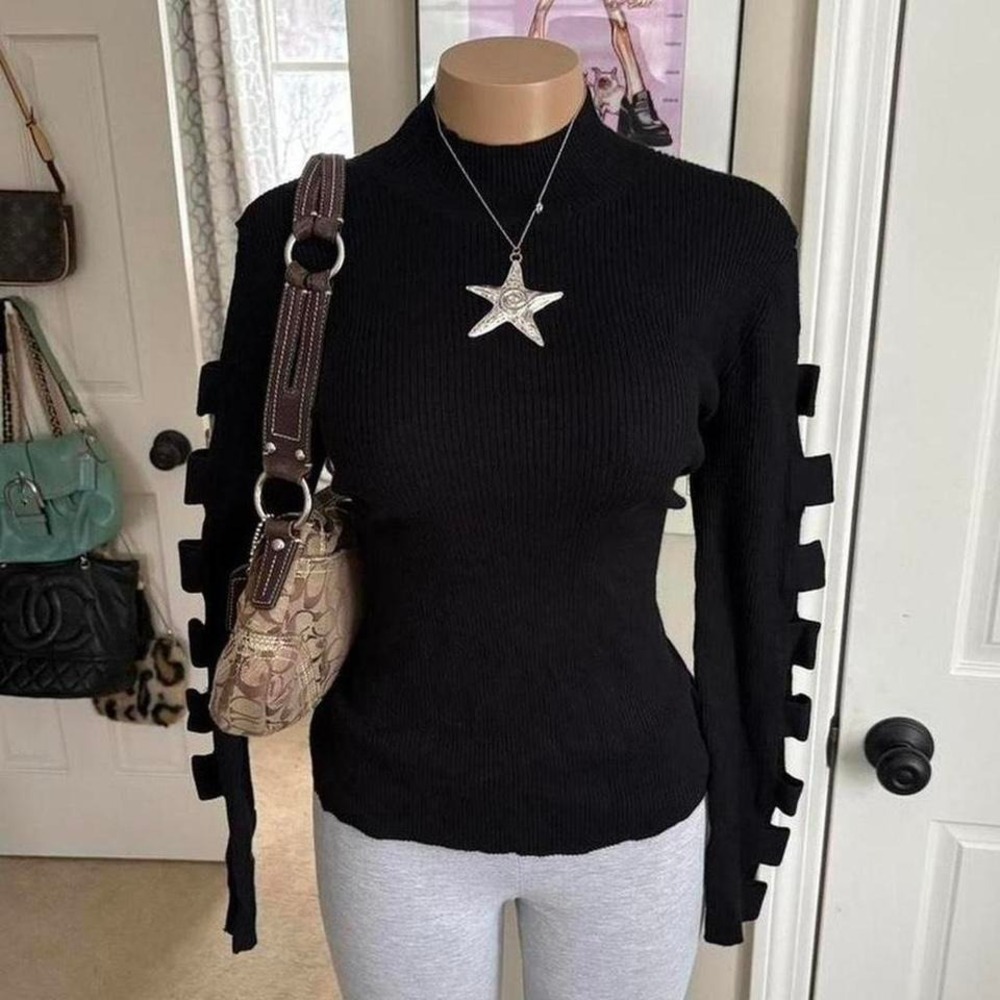 Y2k 2000s est 1946 grunge black ribbed cutout sleeve sweater